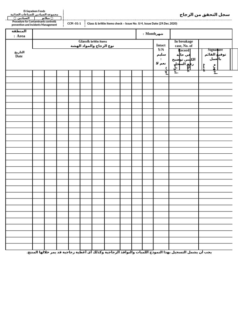 CCPI-01-1 Glass & Brittel Items Check Record | PDF