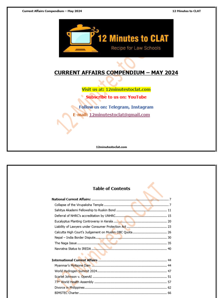 Current Affairs Compendium - May 2024: Subscribe To Us On: Youtube | PDF