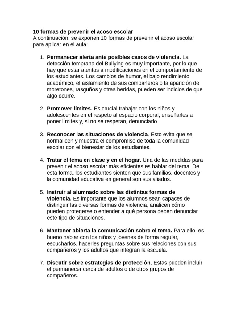 10 Formas de Prevenir El Acoso Escolar | PDF | Violencia | Adultos
