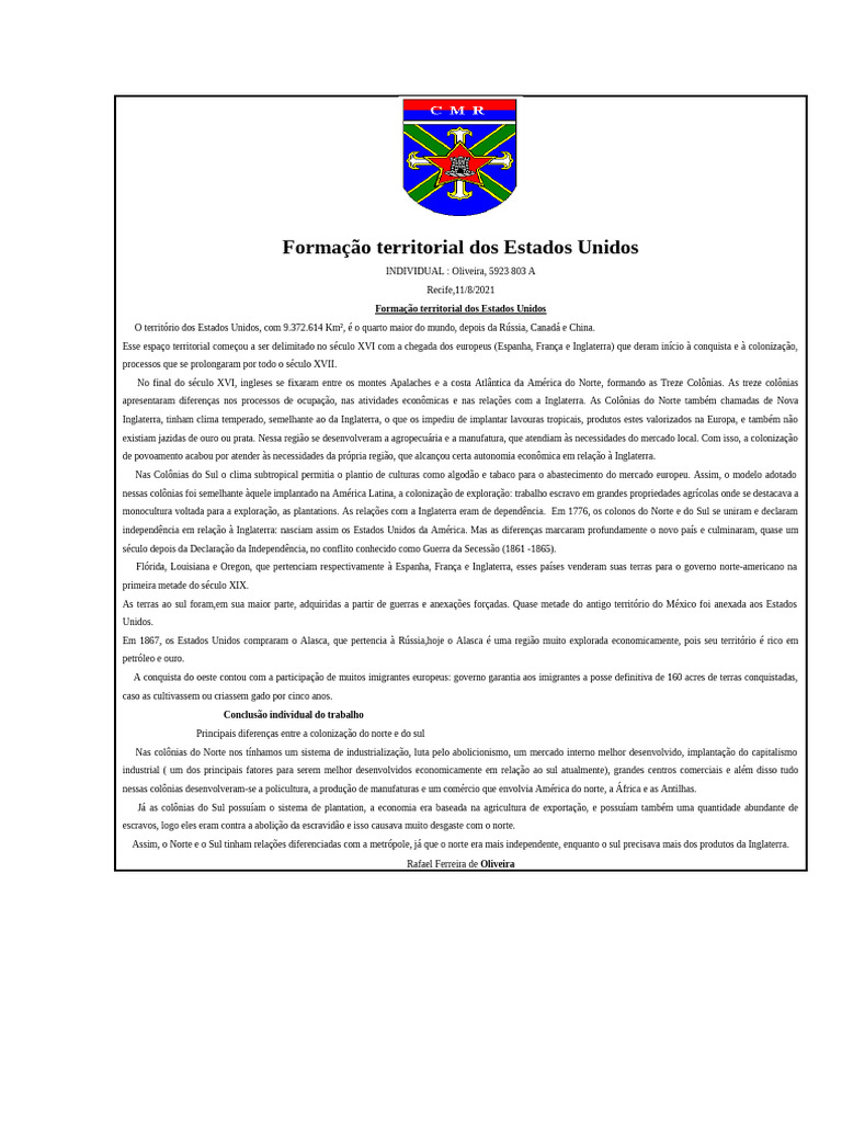 Formação Territorial dos EUA: Colonização e Diferenças | PDF | Os ...