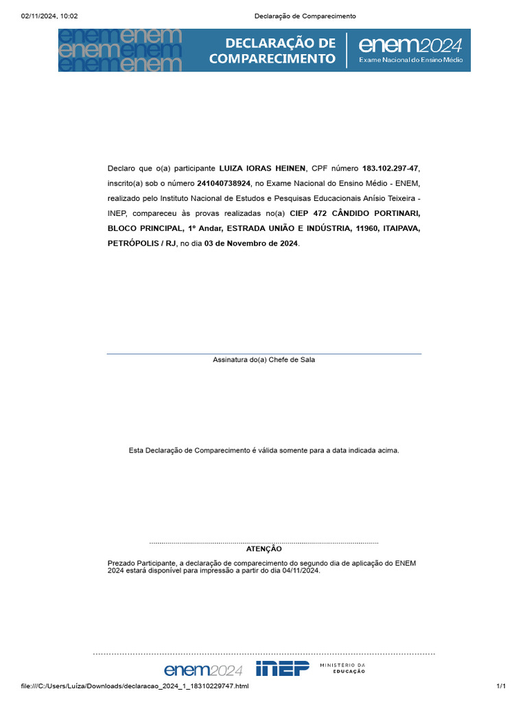 Declaração de Comparecimento ENEM 2024 | PDF