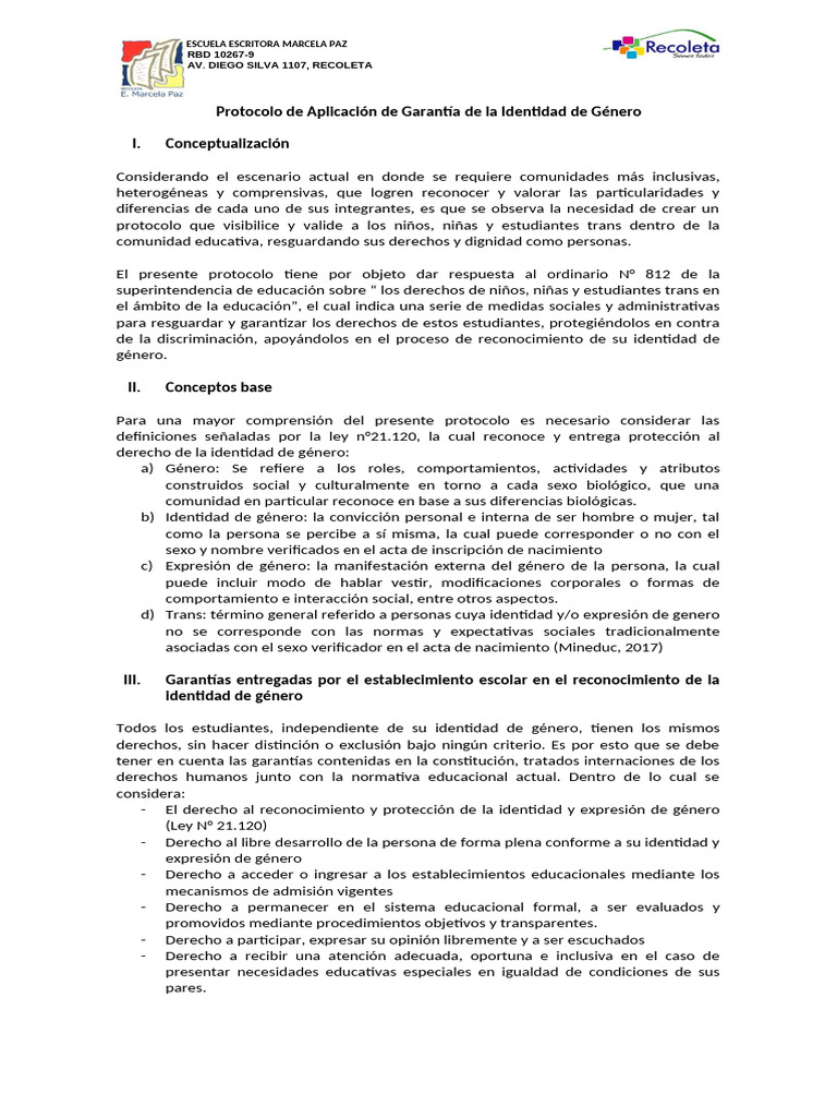 Protocolo de Identidad de Género Escolar | PDF | Identidad de género ...