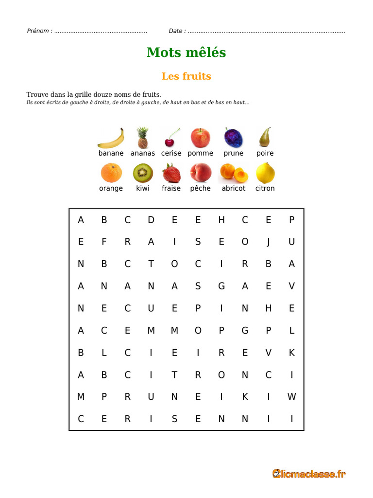 Mots Mêlés Les Fruits à Imprimer PDF Fruit Agriculture — free download