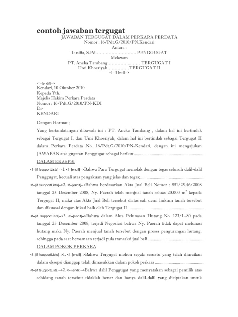 Contoh Surat Jawaban Tergugat Perkara Perdata Nuevoproposit0