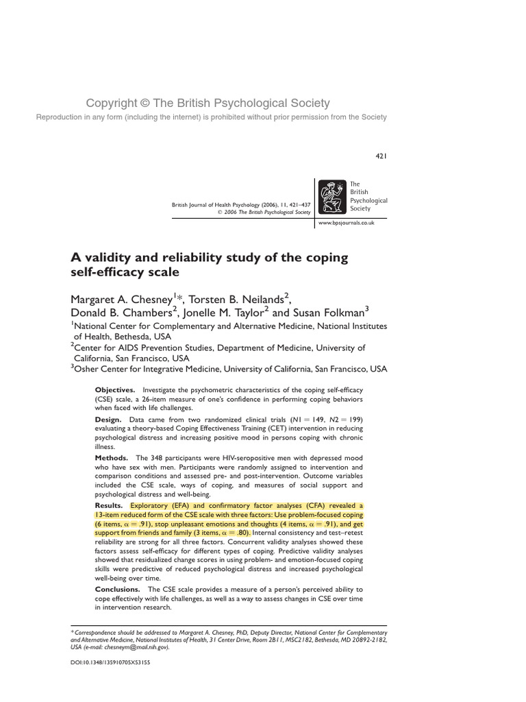 Validity of Coping Self-Efficacy Scale | PDF | Self Efficacy | Factor ...