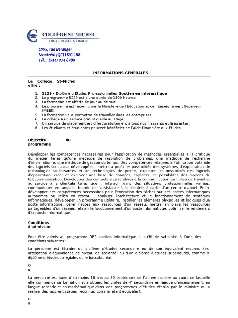 DEP Soutien Informatique à Montréal | PDF | Enseignement secondaire ...