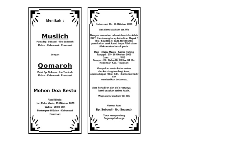 Undangan Pernikahan Muslich & Qomaroh | PDF