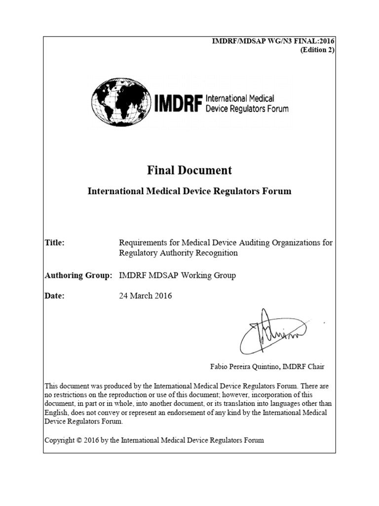 IMDRF MDSAP WG N3 FINAL 2016 (Edition 2) Requirement For Medical Device ...