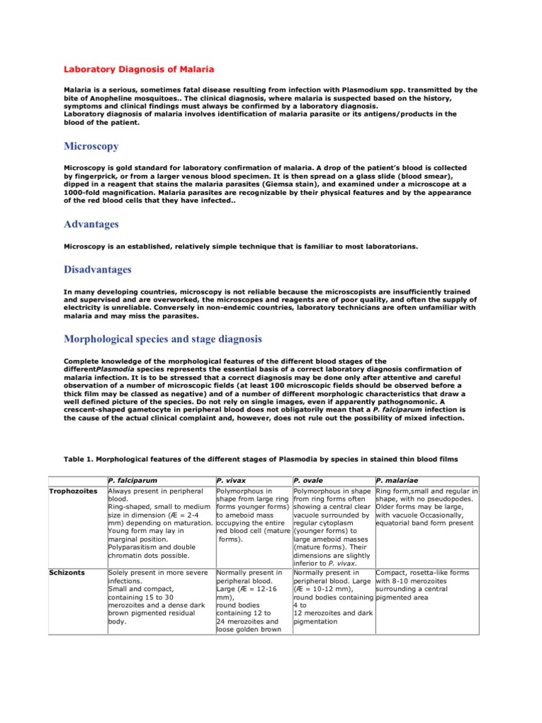 Laboratory Diagnosis of Malaria | Malaria | Plasmodium