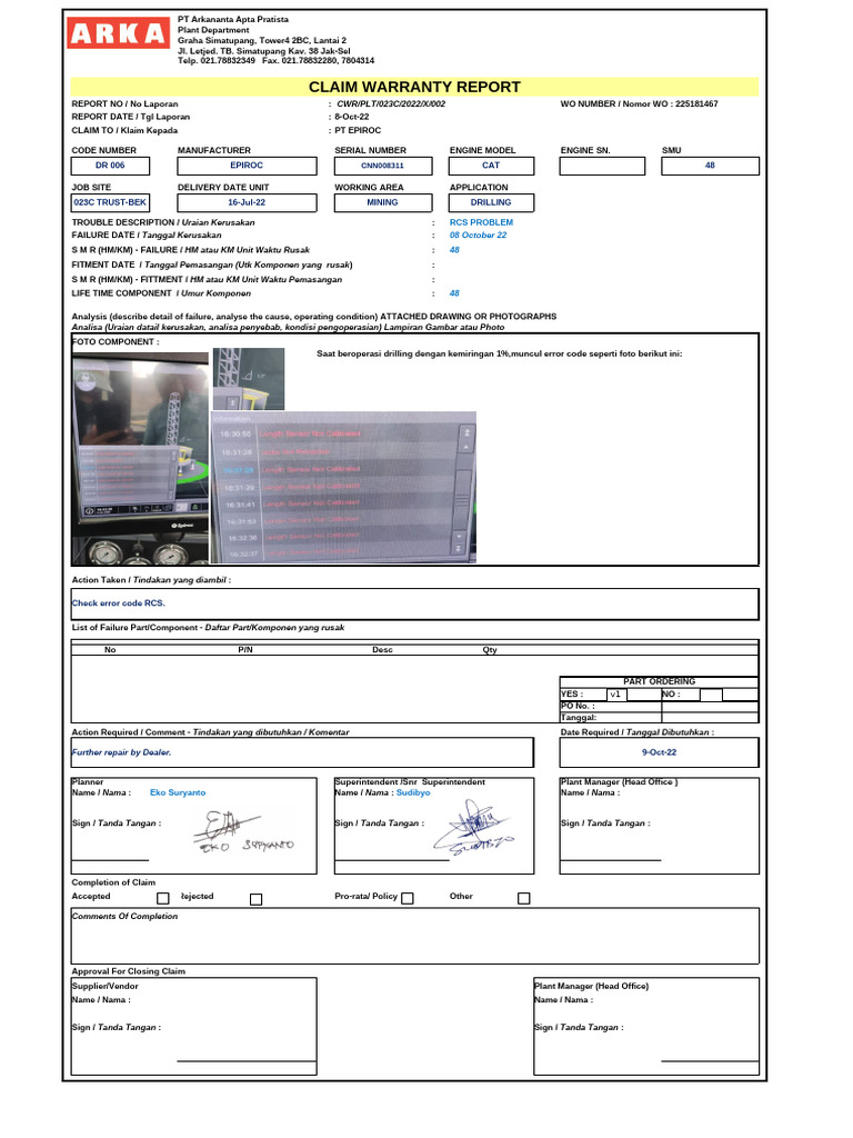 23.01 Warranty Claim-Error RCS Drilling DR 006 | PDF