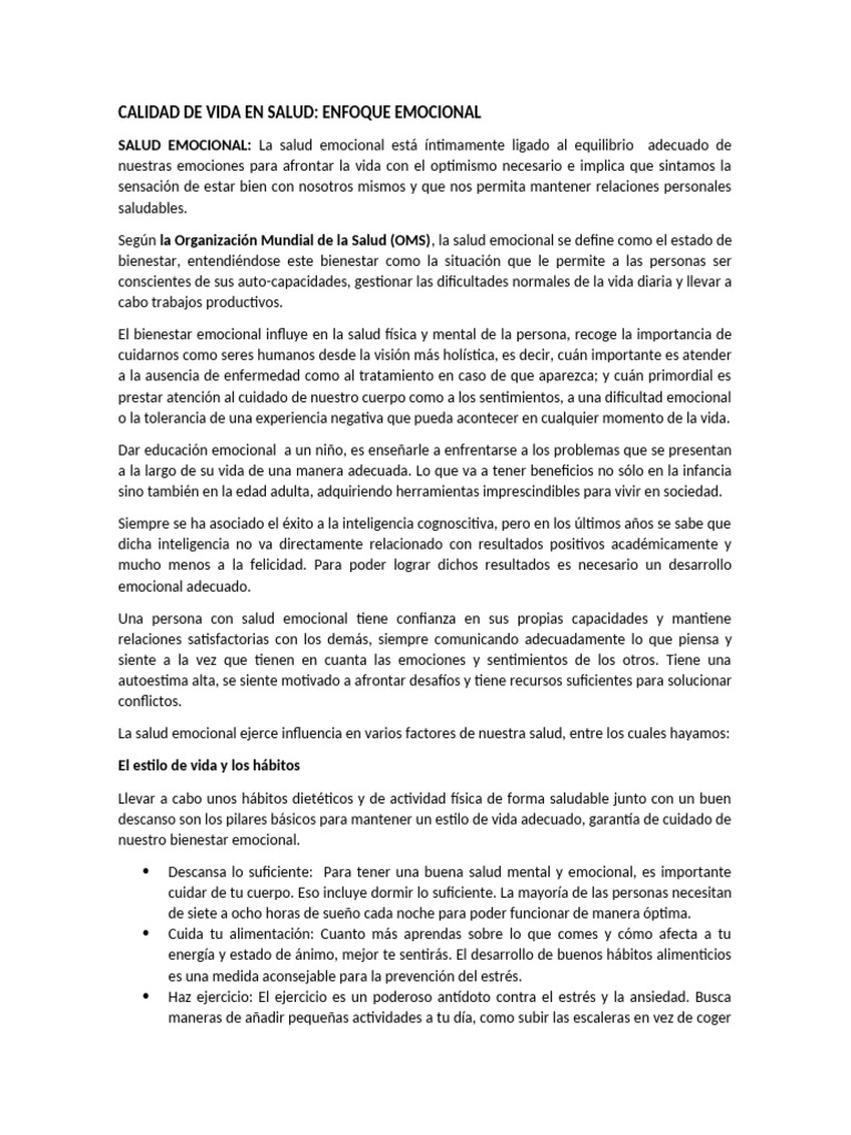 Salud Emocional y Calidad de Vida | PDF | Las emociones | Estrés (biología)