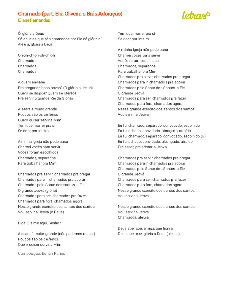 Chamado: Hino de Eliane Fernandes | PDF | Crença e doutrina religiosa ...