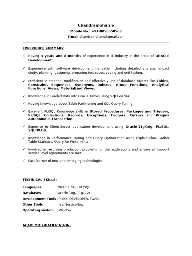 Oracle Developer Resume Summary | PDF | Pl/Sql | Information Retrieval