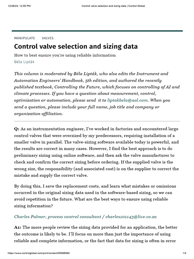 Control Valve Sizing and Selection Guide | PDF | Chemical Engineering ...