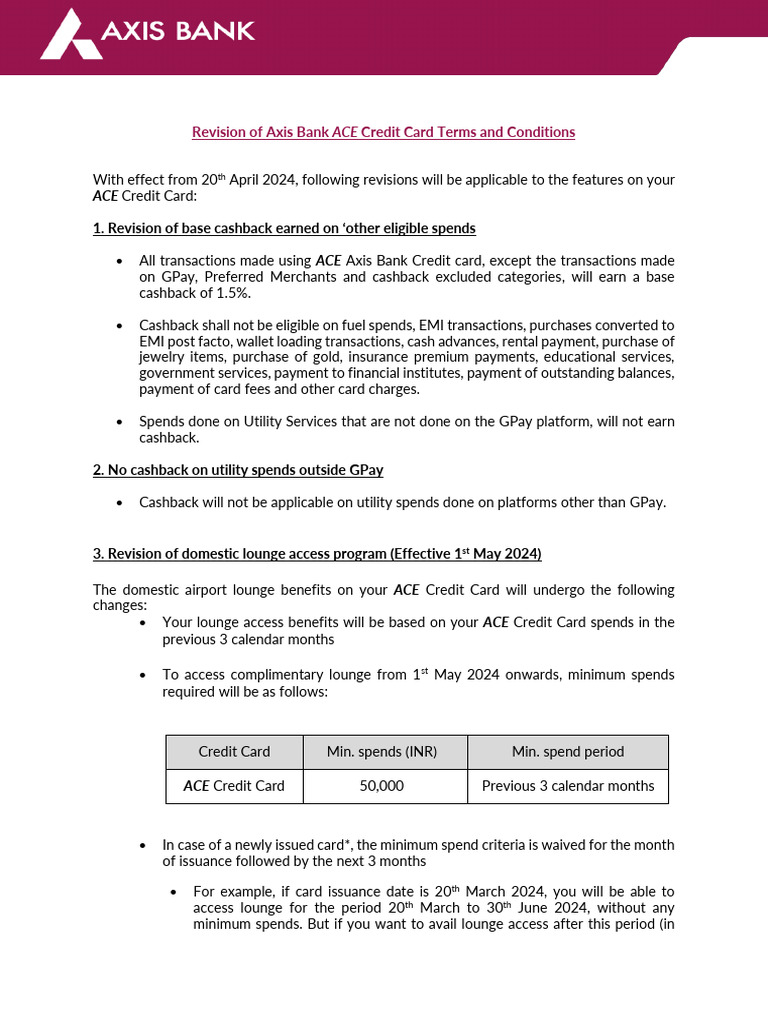 Terms and Conditions Axis Bank Ace Credit Card | PDF | Credit Card ...