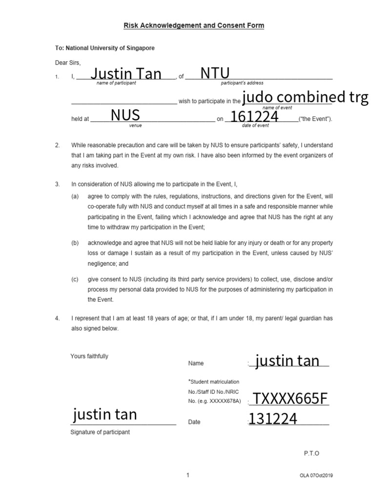 OSA Sports Indemnity Form - To Use Template (Oct 2019) | PDF