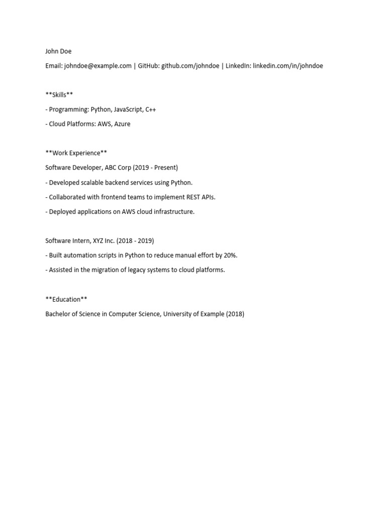 John Doe - Software Developer Resume | PDF