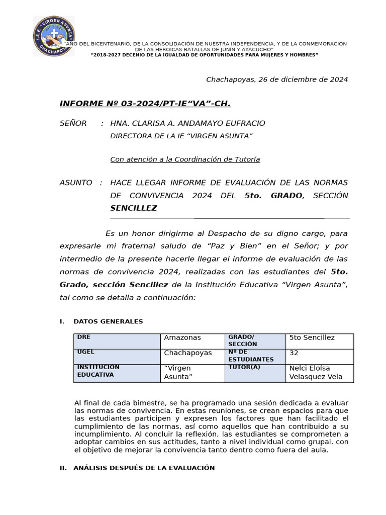 Informe Final de Normas Convivencia 2024 | PDF | Salón de clases