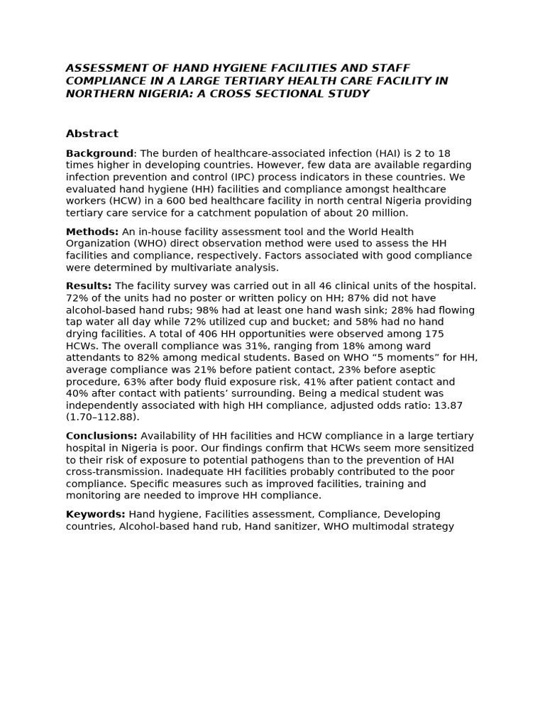 Hand Hygiene Compliance in Nigerian Hospital | PDF