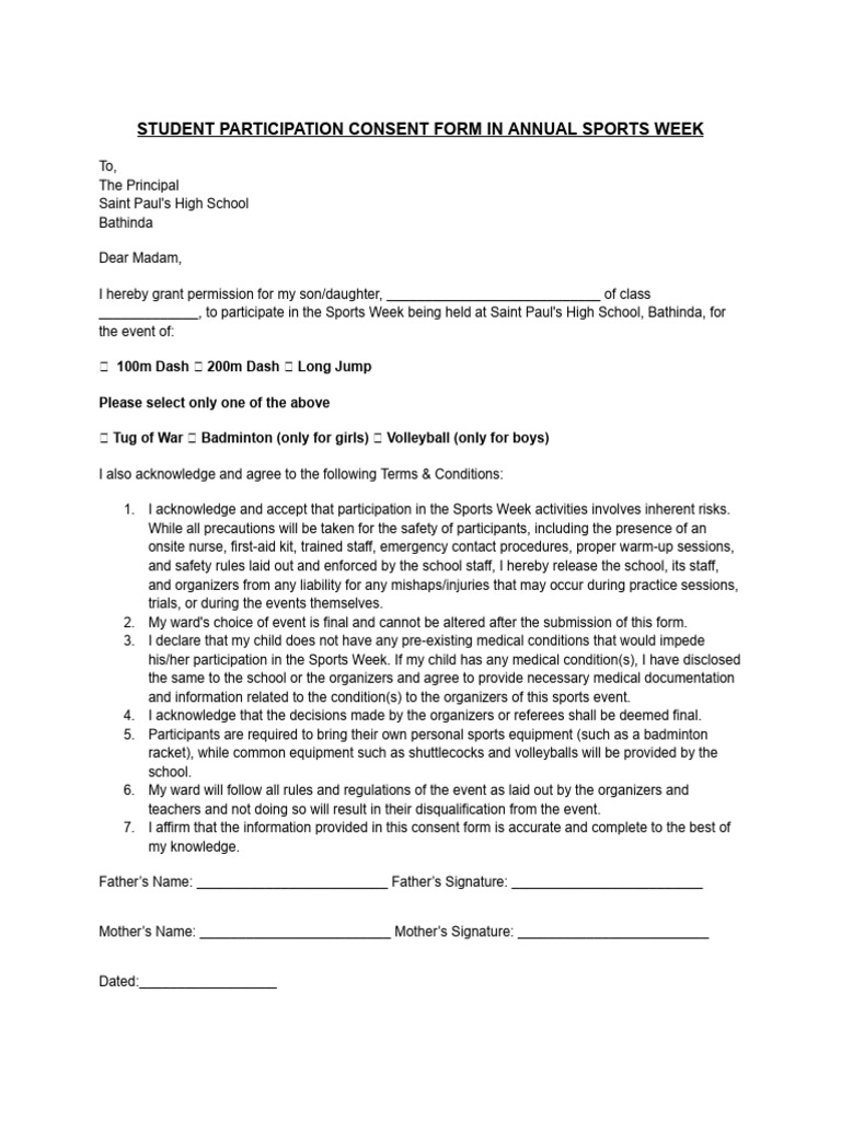 Student Consent for Sports Week | PDF