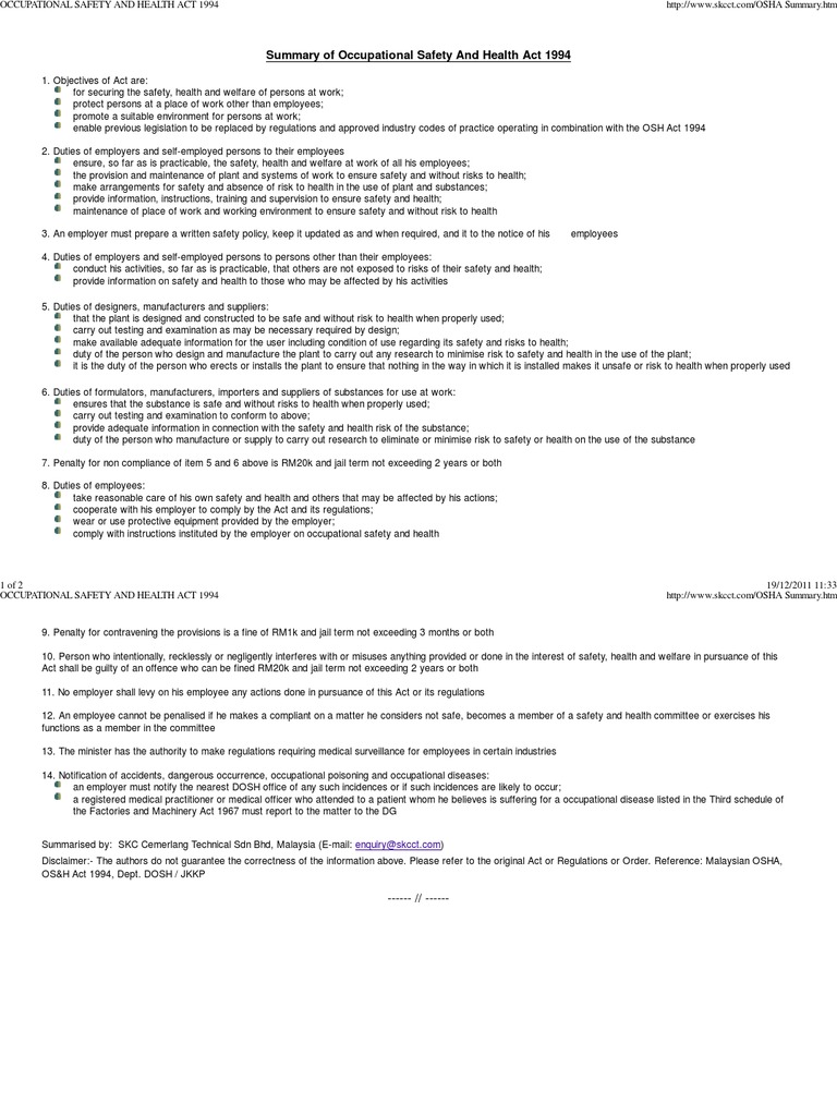 Overview of OSH Act 1994 Compliance | PDF | Safety | Occupational ...