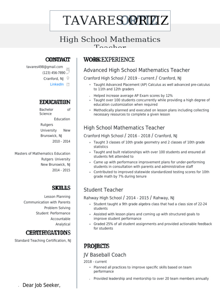High School Math Teacher Resume | PDF | Mathematics | Teachers