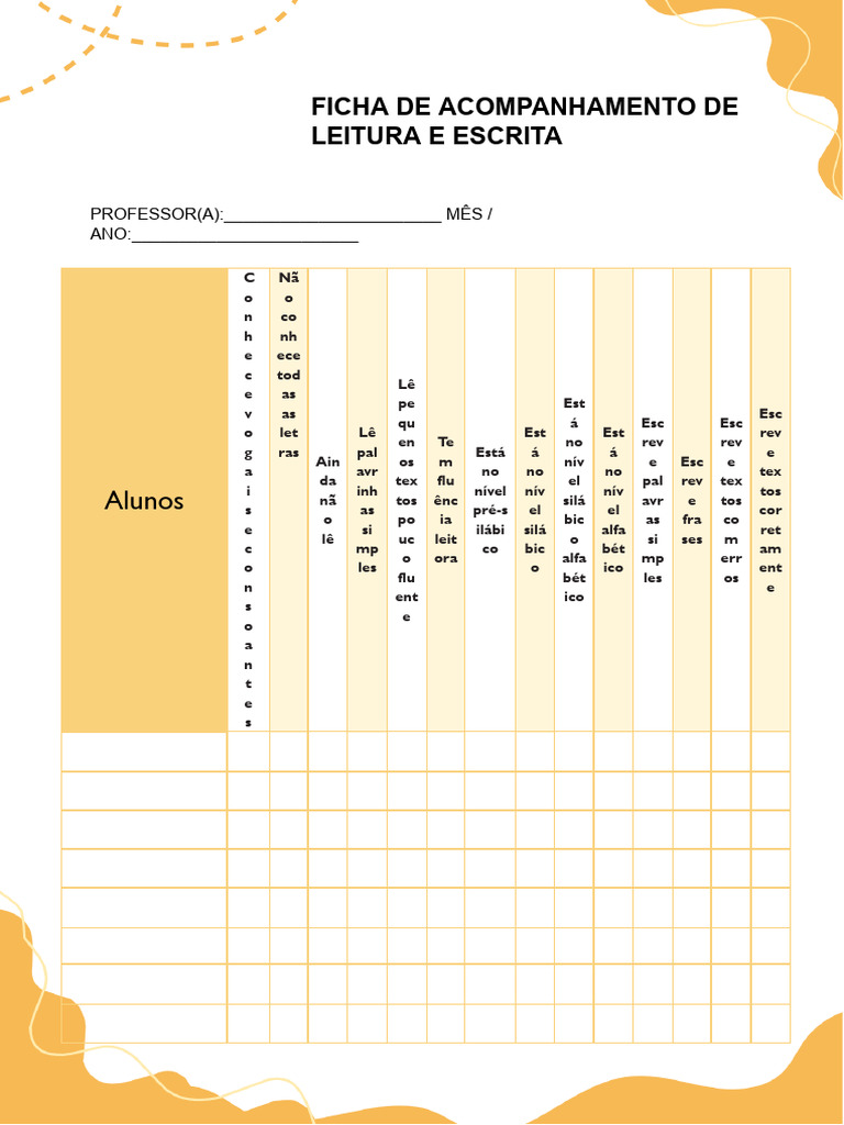 Ficha de Acompanhamento de Leitura e Escrita Amarelo | PDF