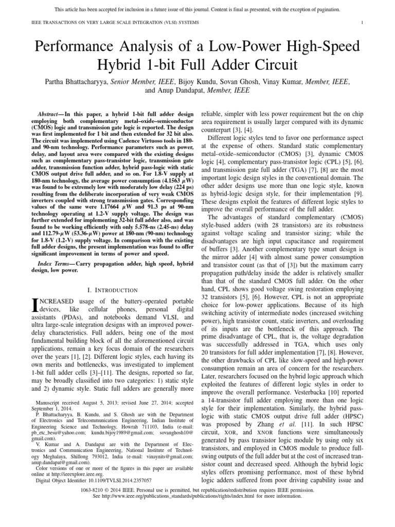 Performance Analysis of A Low Power High Speed Hybrid One Bit Full ...