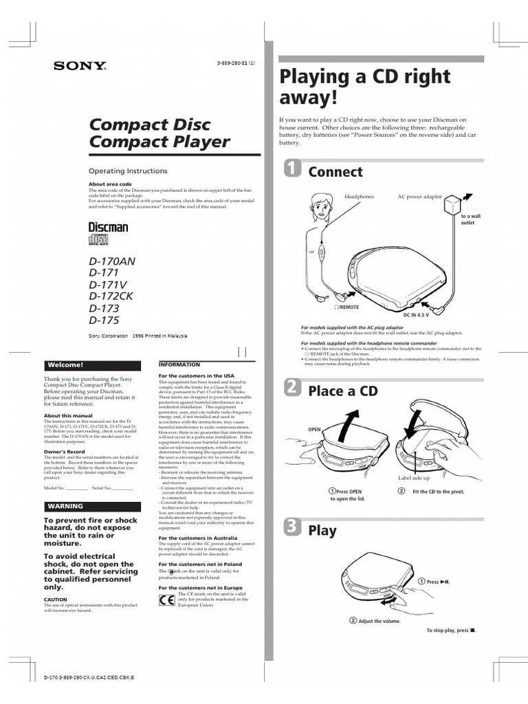 Sony Discman D-171 User Manual | PDF | Power Supply | Headphones