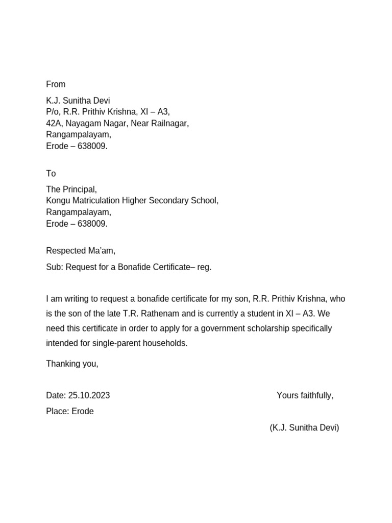 Bonafide Certificate Request for Scholarships | PDF