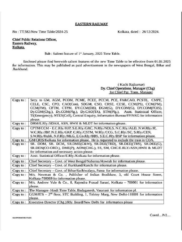 Eastern Railway New Time Table 2025 | PDF