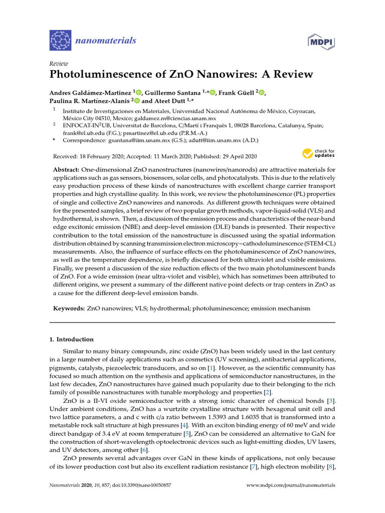 Photoluminescence of ZnO Nanowires Review | PDF | Zinc Oxide | Nanowire