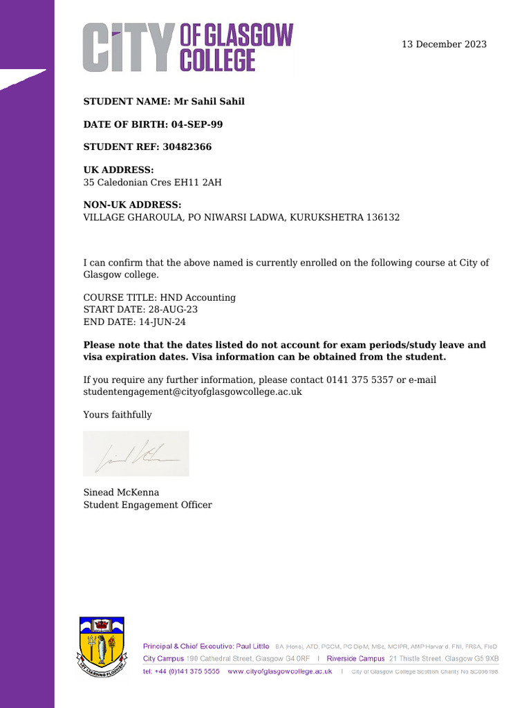 Sahil's HND Accounting Enrollment Confirmation | PDF