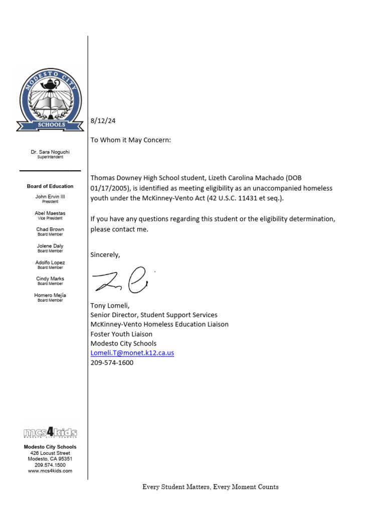 Lizeth Machado McKinney-Vento Letter | PDF
