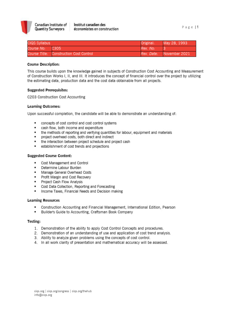 Construction Cost Control Course Syllabus | PDF