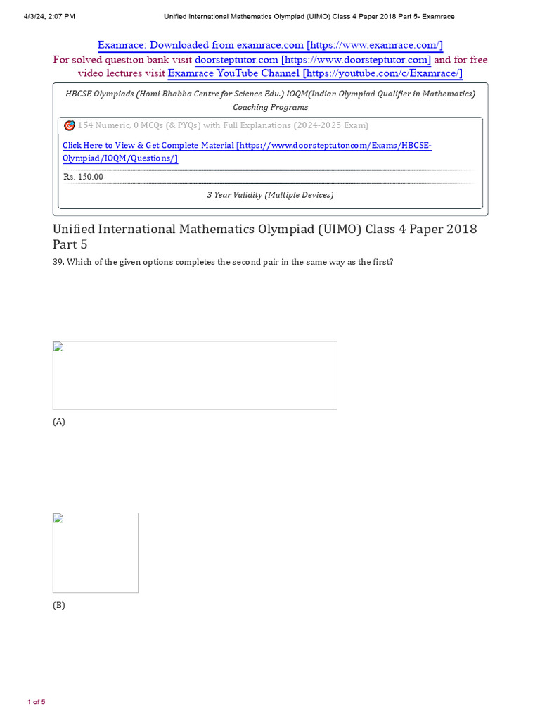 UIMO Class 4 Paper 2018 Part 5 | PDF | Evaluation Methods | Educational ...