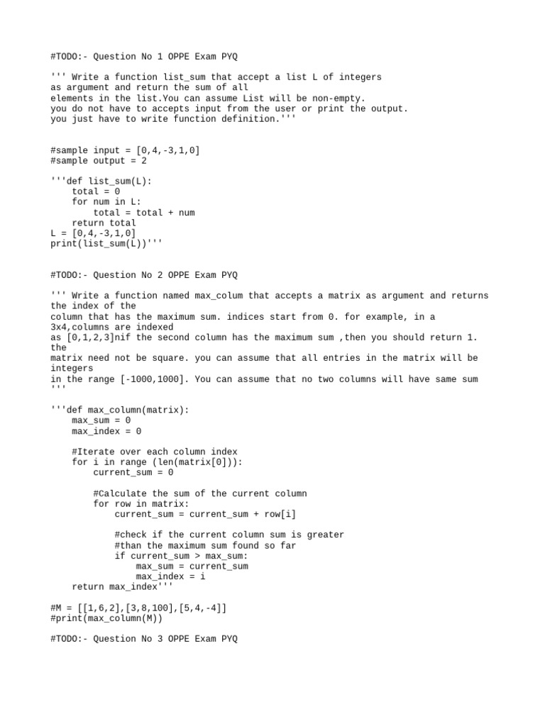 OPPE Exam Python Questions Solutions | PDF | Matrix (Mathematics ...
