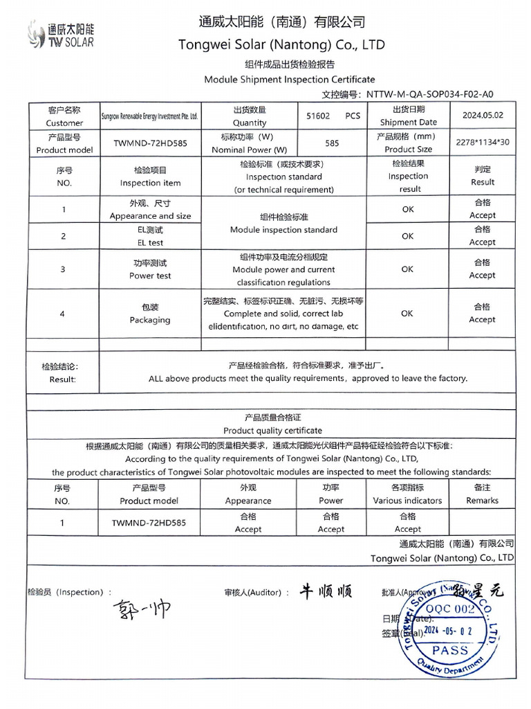 Component Cost Shipment Inspection Report.585W-51602pcs | PDF