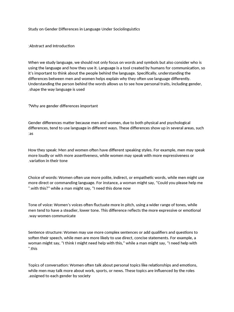Study on Gender Differences in Language Under Sociolinguistics | PDF ...