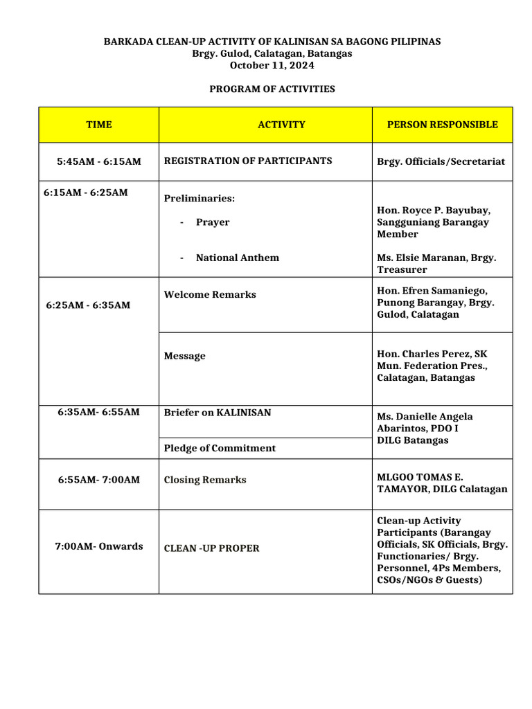 Barangay Gulod Clean-Up Event 2024 | PDF