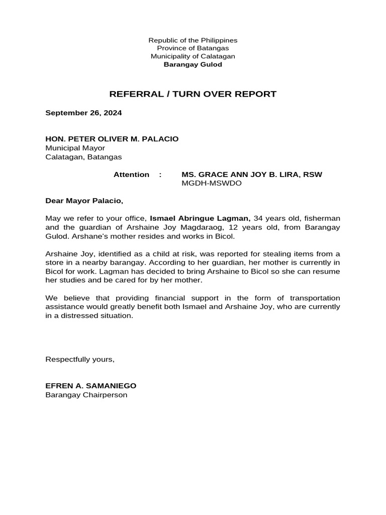 Turn Over Report Gulod | PDF