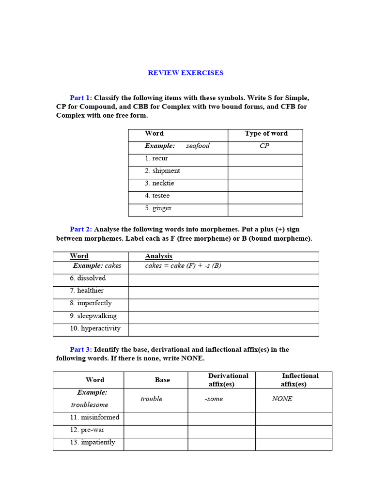 REVIEW EXERCISES 1 - Morphology | PDF