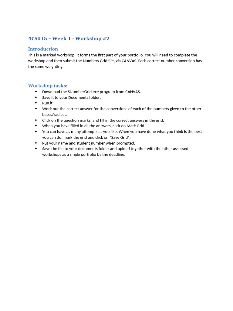 Week 1 Workshop #2: Number Conversions | PDF