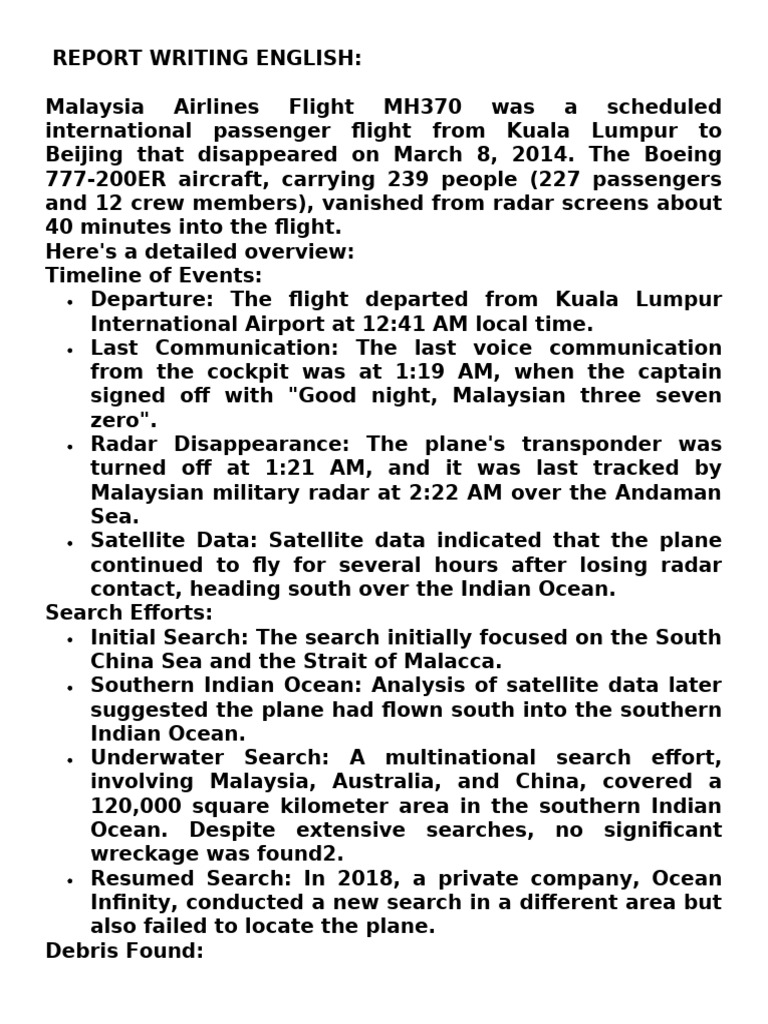 REPORT WRITING ENGLISH | PDF | Malaysia Airlines Flight 370 | Aeronautics