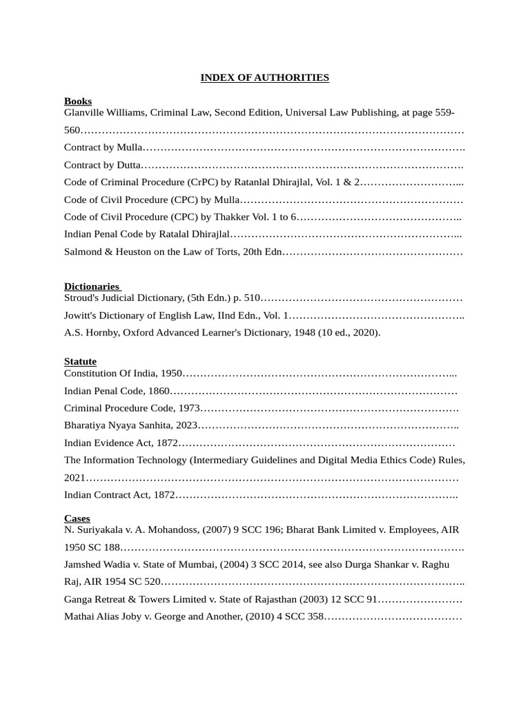 Index of Authorities - Rajeev | PDF | Legal Documents | Criminal Law