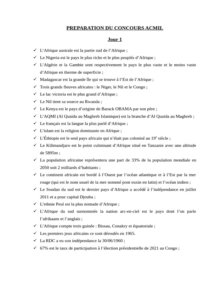 Préparation au Concours ACMIL 2025 | PDF | Afrique | République du Congo