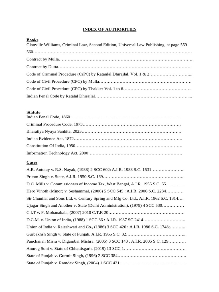 INDEX OF AUTHORITIES - Khushi | PDF | Criminal Justice | Crime & Violence