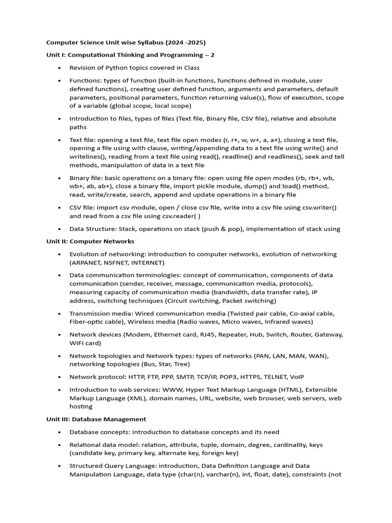 Computer Science Syllabus 2024 2025 Pdf Computer Network World