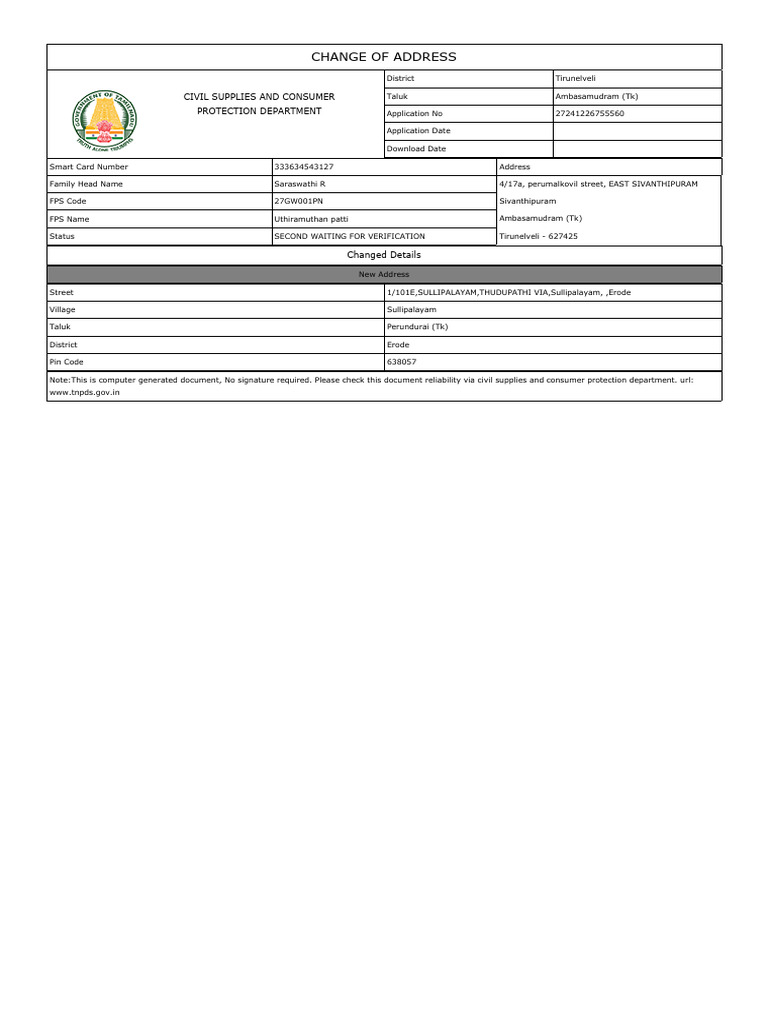 Address Change for Sullipalayam Resident | PDF