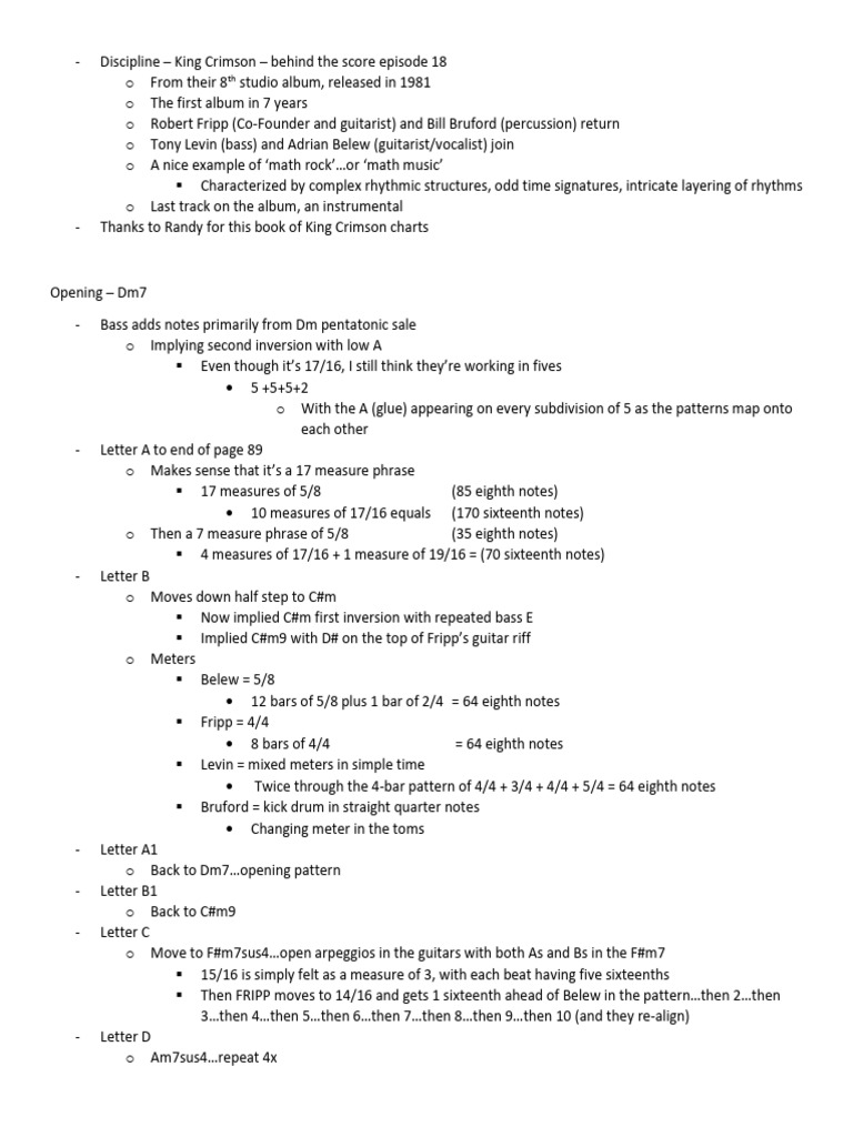 King Crimson's 'Discipline' Score Analysis | PDF | Elements Of Music ...